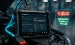 Diagnostic auto électronique : un appareil affiche 15 défauts détectés et un diagnostic complet réalisé.