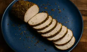 Affettato di pollo speziato su piatto blu. Un modo semplice per condire l'affettato di pollo con erbe aromatiche.