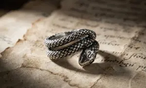 Anillo de plata con forma de serpiente enroscada, con detalles escamados y cabeza adornada.