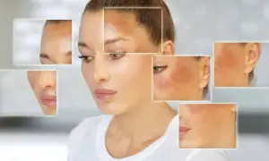 Primer plano de una mujer con manchas oscuras en la cara, mostrando qué es el melasma y sus diferentes áreas afectadas.