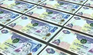 Stos banknotów z wizerunkiem sokoła, symbolizujący walutę w Dubaju.