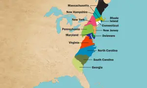 Karta visar de ursprungliga tretton kolonierna, en viktig del av USA historia. Färgade områden representerar stater som Massachusetts, Virginia och Georgia.