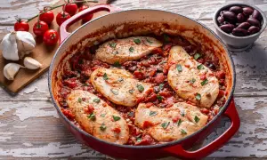 Succulento pollo alla pizzaiola in padella, con pomodoro, olive e capperi, guarnito con prezzemolo fresco.