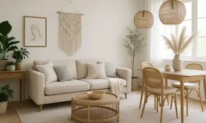 Un salón acogedor con sofá beige, mesa de centro de ratán y detalles de macramé, creando un ambiente de casa boho chic.