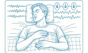 A man sleeps with his hands on his chest, while brainwave patterns above him indicate sleep fragmentation.
