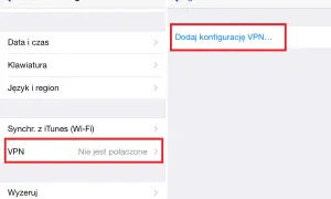 Ekran iPhone'a z opcją "Dodaj konfigurację VPN..." oraz sekcją "VPN" z informacją "Nie jest połączone".