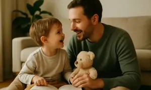 Padre e figlio leggono un libro, un modo per stimolare il linguaggio nei bambini. Il piccolo sorride, tenendo un orsacchiotto.