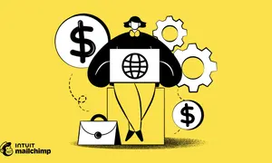 Illustrazione stilizzata di una persona con un laptop che mostra il globo, ingranaggi e simboli del dollaro, che rappresenta il **business purpose** globale e la crescita finanziaria.