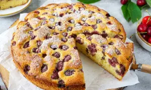 Saftiger Kirschkuchen, perfekt für jedes Kirschkuchen Rezept. Mit Puderzucker bestäubt und voller Kirschen.