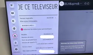 Ekran telewizora LG z menu ustawień, pokazujący informacje o wersji oprogramowania i opcje aktualizacji. Dowiedz się, jak zaktualizować stary telewizor LG.