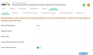 Zmiana hasła technicolor CGA2121. Ekran administracji bramki Technicolor, gdzie można zmienić nazwę użytkownika i hasło.