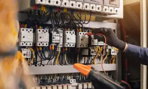 Main électrique d'une maison neuve, un technicien vérifie les connexions. Un devis électricité est essentiel pour ce type d'installation.
