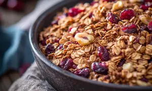 En skål med hemmagjord granola, full av havregryn, nötter och torkade tranbär. Perfekt för en hälsosam frukost.