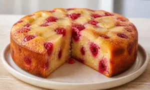 Gâteau moelleux aux framboises et morceaux de fruits, avec une croûte dorée et des fruits rouges juteux.