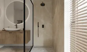 Modernes Bad mit Holzboden und Marmor-Dusche. Ein Waschbecken mit Spiegel und eine Dusche sind sichtbar. Ideal für ein **bad renovieren ohne fliesen abschlagen**.