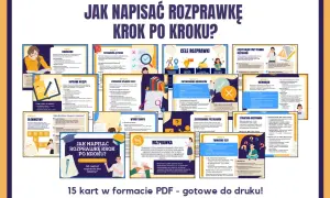 Ilustracja przedstawia kolaż kart z poradami dotyczącymi pisania rozprawki, z hasłem "Jak napisać rozprawkę krok po kroku?".
