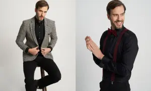 Mężczyzna w czarnej koszuli i marynarce w kratę, a obok w czarnej koszuli z muszką i szelkami. Idealne inspiracje, jakie buty do czarnej koszuli.