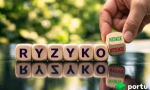 Sześć kostek z literami układa się w słowo "RYZYKO". Siódma kostka, obracana przez dłoń, pokazuje opcje "NISKIE" i "WYSOKIE", symbolizując ryzyko inwestycji.