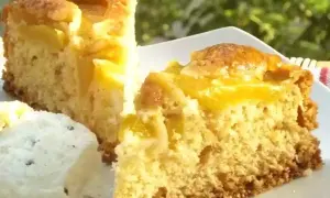 Fette di torta pesche e amaretti su un piatto bianco, con un pezzo di gelato.