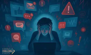 Chłopiec z rękami na uszach przy laptopie, otoczony powiadomieniami i symbolami ostrzeżeń. Obraz symbolizuje nadwrażliwość emocjonalną w cyfrowym świecie.