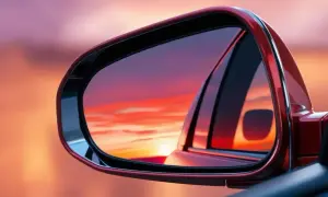 El retrovisor lateral, que es obligatorio, refleja un atardecer vibrante.