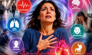 Donna con espressione di terrore, circondata da simboli di sintomi: palpitazioni, fiato corto, vertigini, sudorazione, nausea e una grande immagine di un cuore pulsante. Il tutto evoca la **paura di morire improvvisamente**.
