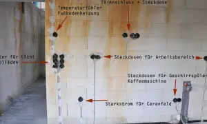 Elektrische Installation in einem Neubau mit markierten Steckdosen für verschiedene Geräte und einem Temperaturfühler. Der Abstand der Steckdosen ist für die spätere Nutzung optimiert.