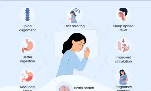 Illustration showing benefits of sleeping on your side, including spinal alignment, less snoring, and improved circulation. Learn como dormir de lado correctamente for better health.