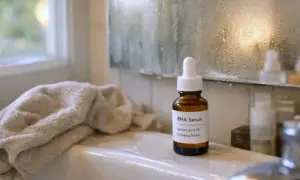 Buteleczka serum z kwasami BHA na umywalce, obok ręcznika. Lustro za nią zaparowane.