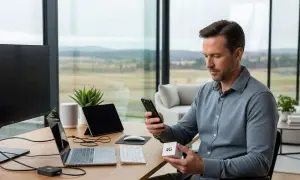 Un homme utilise un appareil 4G pour avoir internet sans box, avec un ordinateur portable et un téléphone.
