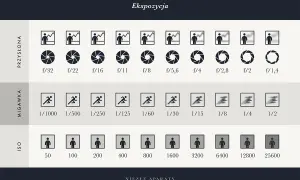 Wykres pokazuje ustawienia ekspozycji w fotografii: przysłonę (f/), migawkę (1/s) i ISO.