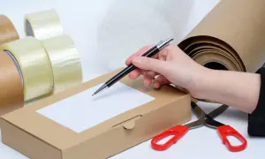 Dłoń z długopisem nad kartonowym pudełkiem, obok taśma, nożyczki i papier pakowy.