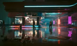 Deszczowa noc w cyberpunkowym mieście. Neonowe światła odbijają się w mokrej posadzce, tworząc atmosferę jak z **domu lalek cyberpunk**.