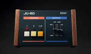 A vintage-style JU-60 chorus effect unit, reminiscent of a free Juno VST, with wooden casing and illuminated buttons.