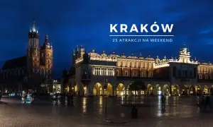 Nocny Rynek Główny w Krakowie, z Sukiennicami i Kościołem Mariackim w tle. Idealne miejsce na weekendowe wydarzenia.