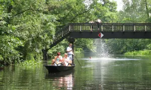 Bootsfahrt im Spreewald: Familie genießt die Natur, während jemand unter der Brücke schwimmt. Perfekte Ausflugsziele Spreewald für einen Sommertag.