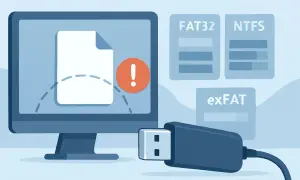 Problem z plikiem na pendrivie, system plików FAT32 może być przyczyną. Obok ikony błędu widoczne są opcje formatowania: FAT32, NTFS, exFAT.