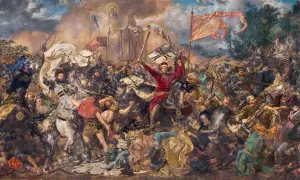 Bitwa pod Grunwaldem, jedno z najsłynniejszych polskich obrazów, ukazuje heroiczny bój rycerzy.