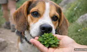 A beagle sniffs a sprig of oregano held in a hand. Curious about is oregano safe for dogs, this pup investigates the herb.