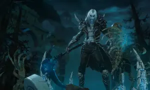 Mroczny nekromanta z Diablo 2, z kosą i szkieletami, gotowy do walki.