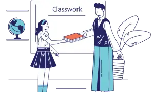 Un insegnante consegna libri a uno studente, mostrando un profilo di funzionamento scolastico. Sullo sfondo, un globo e piante.