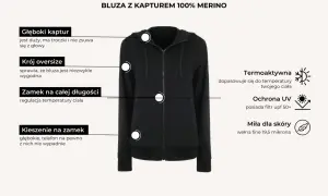 Czarna bluza termiczna damska z kapturem, zamkiem na całej długości, kieszeniami na zamek, krojem oversize. Wykonana z wełny merino.