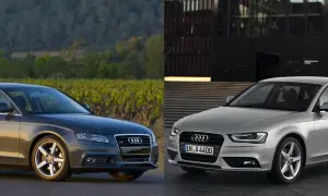 Dwa Audi A4 B8 2.0 TDI, jeden ciemny na tle winnicy, drugi srebrny przed nowoczesnym budynkiem. Jaki olej do Audi A4 B8 2.0 TDI?