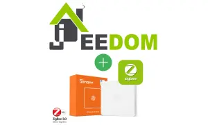 Le logo Jeedom s'associe à un interrupteur sans fil Sonoff Zigbee 3.0 pour une maison connectée.