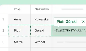Jak zrobić tabelę w Excelu? Połącz imię i nazwisko, np. Piotr Górski, używając funkcji ZŁĄCZ.TEKSTY.