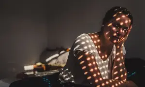 Vrouw met gesloten ogen, haar gezicht en armen bedekt met schaduwen van lichtplekken, alsof ze zich terugtrekt, niet tegen drukte kan.