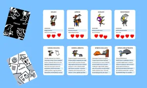 Ilustracja kart z postaciami: Zielarz, Leśniczy, Kuglarz, Bohateracz oraz karty Wiedzy.