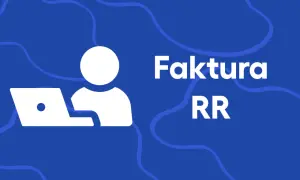 Ikona osoby z laptopem i napis "Faktura RR" na niebieskim tle z falami.