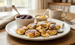 Köstlicher Kaiserschmarrn, bestäubt mit Puderzucker, serviert mit Apfelmus und Zwetschgenröster. Perfekt für süße Schmarrn Rezepte.