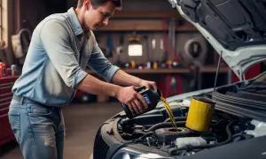 Uomo versa olio motore nuovo in un'auto. Manutenzione essenziale per il cambio olio motore.